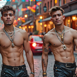 AI-generated Pride celebration art handsome men at vibrant LGBTQ+ Pride parades, embellished with rainbow colors, walking with pride, and celebrating love. By Jeff Dupler.