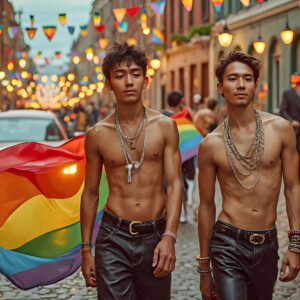 AI-generated Pride celebration art handsome men at vibrant LGBTQ+ Pride parades, embellished with rainbow colors, walking with pride, and celebrating love. By Jeff Dupler.