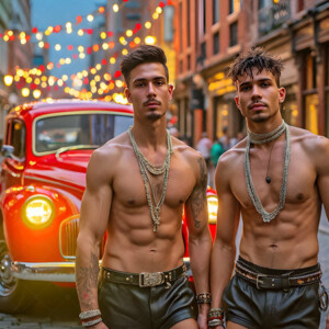 AI-generated Pride celebration art handsome men at vibrant LGBTQ+ Pride parades, embellished with rainbow colors, walking with pride, and celebrating love. By Jeff Dupler.