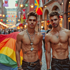AI-generated Pride celebration art handsome men at vibrant LGBTQ+ Pride parades, embellished with rainbow colors, walking with pride, and celebrating love. By Jeff Dupler.
