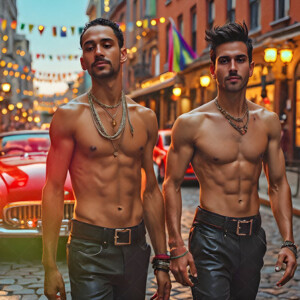 AI-generated Pride celebration art handsome men at vibrant LGBTQ+ Pride parades, embellished with rainbow colors, walking with pride, and celebrating love. By Jeff Dupler.