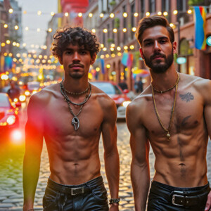 AI-generated Pride celebration art handsome men at vibrant LGBTQ+ Pride parades, embellished with rainbow colors, walking with pride, and celebrating love. By Jeff Dupler.