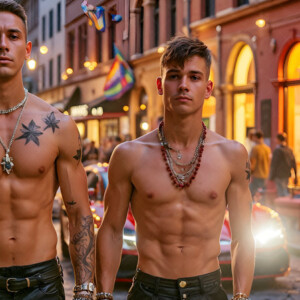 AI-generated Pride celebration art handsome men at vibrant LGBTQ+ Pride parades, embellished with rainbow colors, walking with pride, and celebrating love. By Jeff Dupler.
