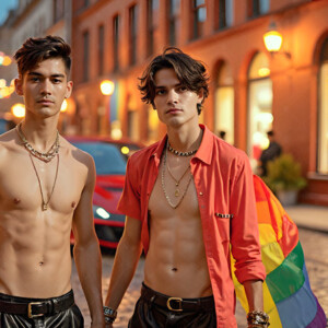 AI-generated Pride celebration art handsome men at vibrant LGBTQ+ Pride parades, embellished with rainbow colors, walking with pride, and celebrating love. By Jeff Dupler.