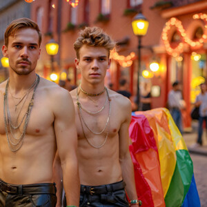 AI-generated Pride celebration art handsome men at vibrant LGBTQ+ Pride parades, embellished with rainbow colors, walking with pride, and celebrating love. By Jeff Dupler.