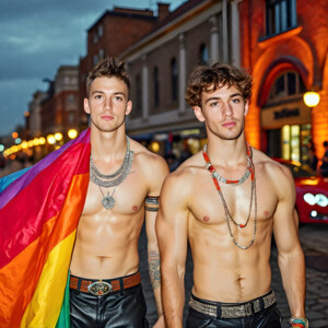 AI-generated Pride celebration art handsome men at vibrant LGBTQ+ Pride parades, embellished with rainbow colors, walking with pride, and celebrating love. By Jeff Dupler.