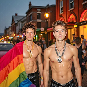 AI-generated Pride celebration art handsome men at vibrant LGBTQ+ Pride parades, embellished with rainbow colors, walking with pride, and celebrating love. By Jeff Dupler.