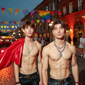 AI-generated Pride celebration art handsome men at vibrant LGBTQ+ Pride parades, embellished with rainbow colors, walking with pride, and celebrating love. By Jeff Dupler.