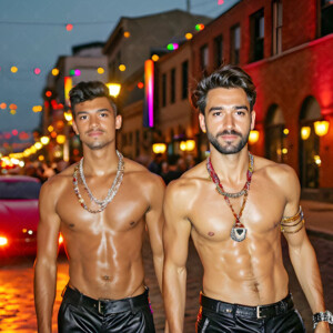 AI-generated Pride celebration art handsome men at vibrant LGBTQ+ Pride parades, embellished with rainbow colors, walking with pride, and celebrating love. By Jeff Dupler.