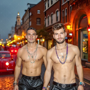 AI-generated Pride celebration art handsome men at vibrant LGBTQ+ Pride parades, embellished with rainbow colors, walking with pride, and celebrating love. By Jeff Dupler.