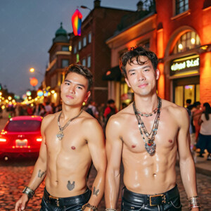 AI-generated Pride celebration art handsome men at vibrant LGBTQ+ Pride parades, embellished with rainbow colors, walking with pride, and celebrating love. By Jeff Dupler.