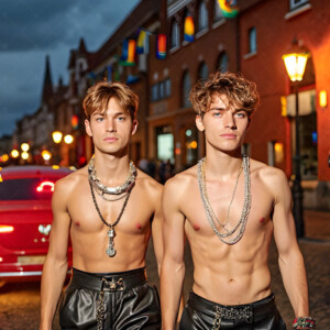 AI-generated Pride celebration art handsome men at vibrant LGBTQ+ Pride parades, embellished with rainbow colors, walking with pride, and celebrating love. By Jeff Dupler.