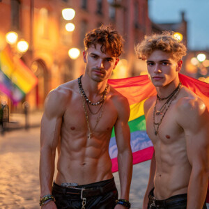 AI-generated Pride celebration art handsome men at vibrant LGBTQ+ Pride parades, embellished with rainbow colors, walking with pride, and celebrating love. By Jeff Dupler.