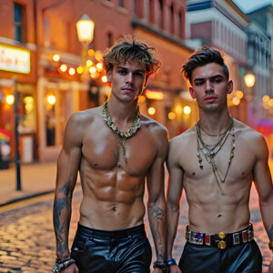 AI-generated Pride celebration art handsome men at vibrant LGBTQ+ Pride parades, embellished with rainbow colors, walking with pride, and celebrating love. By Jeff Dupler.
