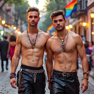AI-generated Pride celebration art handsome men at vibrant LGBTQ+ Pride parades, embellished with rainbow colors, walking with pride, and celebrating love. By Jeff Dupler.