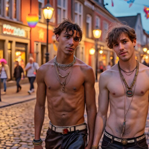 AI-generated Pride celebration art handsome men at vibrant LGBTQ+ Pride parades, embellished with rainbow colors, walking with pride, and celebrating love. By Jeff Dupler.