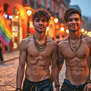 AI-generated Pride celebration art handsome men at vibrant LGBTQ+ Pride parades, embellished with rainbow colors, walking with pride, and celebrating love. By Jeff Dupler.