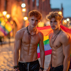 AI-generated Pride celebration art handsome men at vibrant LGBTQ+ Pride parades, embellished with rainbow colors, walking with pride, and celebrating love. By Jeff Dupler.