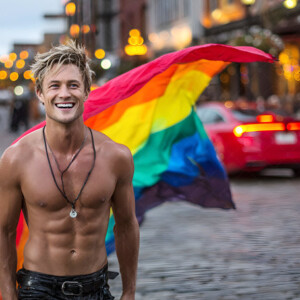 AI-generated Pride celebration art handsome men at vibrant LGBTQ+ Pride parades, embellished with rainbow colors, walking with pride, and celebrating love. By Jeff Dupler.