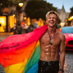AI-generated Pride celebration art handsome men at vibrant LGBTQ+ Pride parades, embellished with rainbow colors, walking with pride, and celebrating love. By Jeff Dupler.
