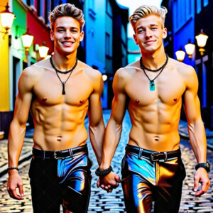 AI-generated Pride celebration art handsome men at vibrant LGBTQ+ Pride parades, embellished with rainbow colors, walking with pride, and celebrating love. By Jeff Dupler.