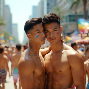 AI-generated Pride celebration art handsome men at vibrant LGBTQ+ Pride parades, embellished with rainbow colors, walking with pride, and celebrating love. By Jeff Dupler.