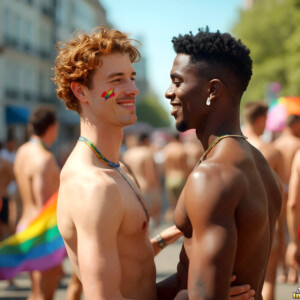 AI-generated Pride celebration art handsome men at vibrant LGBTQ+ Pride parades, embellished with rainbow colors, walking with pride, and celebrating love. By Jeff Dupler.