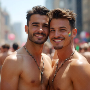 AI-generated Pride celebration art handsome men at vibrant LGBTQ+ Pride parades, embellished with rainbow colors, walking with pride, and celebrating love. By Jeff Dupler.