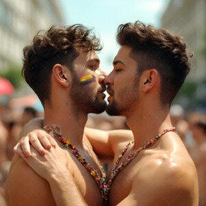 AI-generated Pride celebration art handsome men at vibrant LGBTQ+ Pride parades, embellished with rainbow colors, walking with pride, and celebrating love. By Jeff Dupler.
