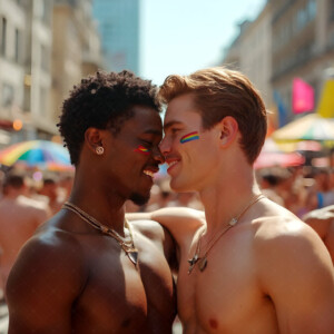 AI-generated Pride celebration art handsome men at vibrant LGBTQ+ Pride parades, embellished with rainbow colors, walking with pride, and celebrating love. By Jeff Dupler.