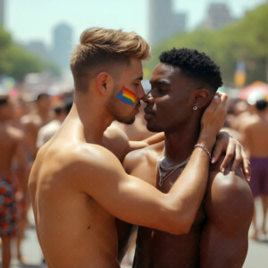 AI-generated Pride celebration art handsome men at vibrant LGBTQ+ Pride parades, embellished with rainbow colors, walking with pride, and celebrating love. By Jeff Dupler.