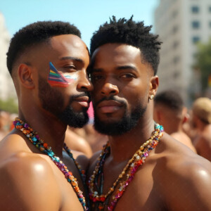 AI-generated Pride celebration art handsome men at vibrant LGBTQ+ Pride parades, embellished with rainbow colors, walking with pride, and celebrating love. By Jeff Dupler.