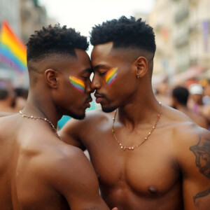 AI-generated Pride celebration art handsome men at vibrant LGBTQ+ Pride parades, embellished with rainbow colors, walking with pride, and celebrating love. By Jeff Dupler.