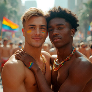 AI-generated Pride celebration art handsome men at vibrant LGBTQ+ Pride parades, embellished with rainbow colors, walking with pride, and celebrating love. By Jeff Dupler.
