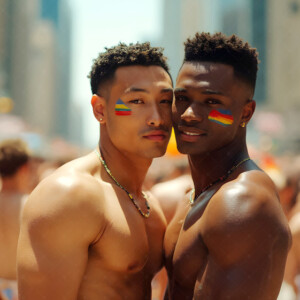 AI-generated Pride celebration art — handsome men at vibrant LGBTQ+ Pride parades, embellished with rainbow colors, walking with pride, and celebrating love. By Jeff Dupler.