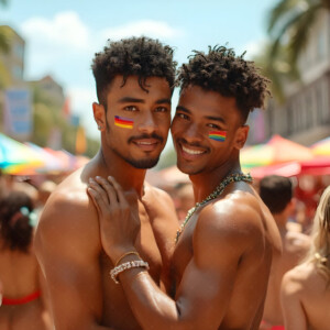 AI-generated Pride celebration art handsome men at vibrant LGBTQ+ Pride parades, embellished with rainbow colors, walking with pride, and celebrating love. By Jeff Dupler.