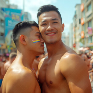 AI-generated Pride celebration art handsome men at vibrant LGBTQ+ Pride parades, embellished with rainbow colors, walking with pride, and celebrating love. By Jeff Dupler.