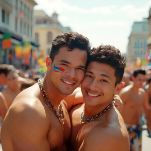 AI-generated Pride celebration art handsome men at vibrant LGBTQ+ Pride parades, embellished with rainbow colors, walking with pride, and celebrating love. By Jeff Dupler.