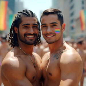 AI-generated Pride celebration art handsome men at vibrant LGBTQ+ Pride parades, embellished with rainbow colors, walking with pride, and celebrating love. By Jeff Dupler.