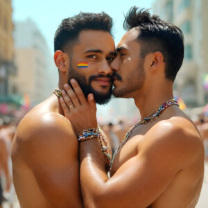 AI-generated Pride celebration art handsome men at vibrant LGBTQ+ Pride parades, embellished with rainbow colors, walking with pride, and celebrating love. By Jeff Dupler.