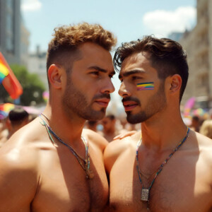 AI-generated Pride celebration art handsome men at vibrant LGBTQ+ Pride parades, embellished with rainbow colors, walking with pride, and celebrating love. By Jeff Dupler.