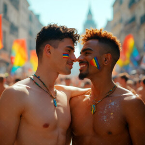 AI-generated Pride celebration art handsome men at vibrant LGBTQ+ Pride parades, embellished with rainbow colors, walking with pride, and celebrating love. By Jeff Dupler.