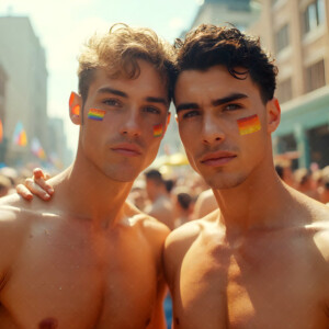 AI-generated Pride celebration art handsome men at vibrant LGBTQ+ Pride parades, embellished with rainbow colors, walking with pride, and celebrating love. By Jeff Dupler.