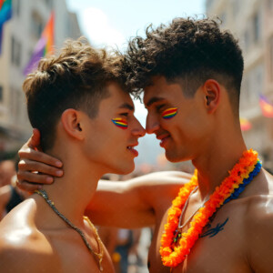 AI-generated Pride celebration art handsome men at vibrant LGBTQ+ Pride parades, embellished with rainbow colors, walking with pride, and celebrating love. By Jeff Dupler.