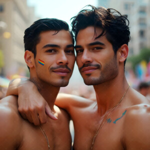 AI-generated Pride celebration art — handsome men at vibrant LGBTQ+ Pride parades, embellished with rainbow colors, walking with pride, and celebrating love. By Jeff Dupler.