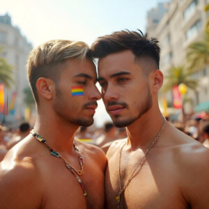 AI-generated Pride celebration art handsome men at vibrant LGBTQ+ Pride parades, embellished with rainbow colors, walking with pride, and celebrating love. By Jeff Dupler.