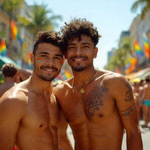AI-generated Pride celebration art handsome men at vibrant LGBTQ+ Pride parades, embellished with rainbow colors, walking with pride, and celebrating love. By Jeff Dupler.