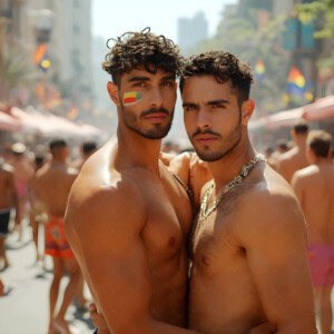 AI-generated Pride celebration art handsome men at vibrant LGBTQ+ Pride parades, embellished with rainbow colors, walking with pride, and celebrating love. By Jeff Dupler.