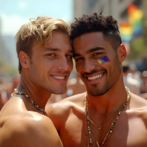 AI-generated Pride celebration art handsome men at vibrant LGBTQ+ Pride parades, embellished with rainbow colors, walking with pride, and celebrating love. By Jeff Dupler.