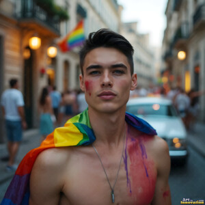 AI-generated Pride celebration art handsome men at vibrant LGBTQ+ Pride parades, embellished with rainbow colors, walking with pride, and celebrating love. By Jeff Dupler.